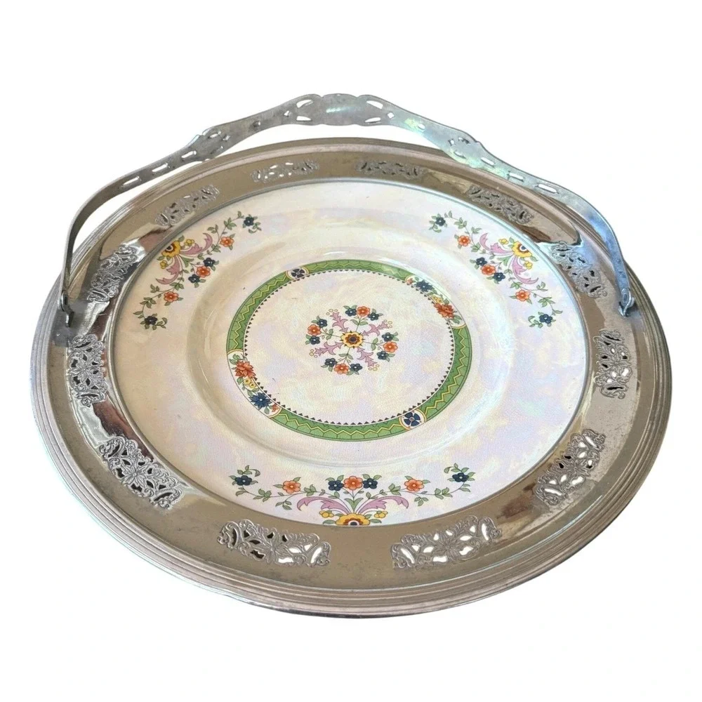 Vintage Hall China Lustreware Cake Plate, Chrome Forman Bros Handle Tray
